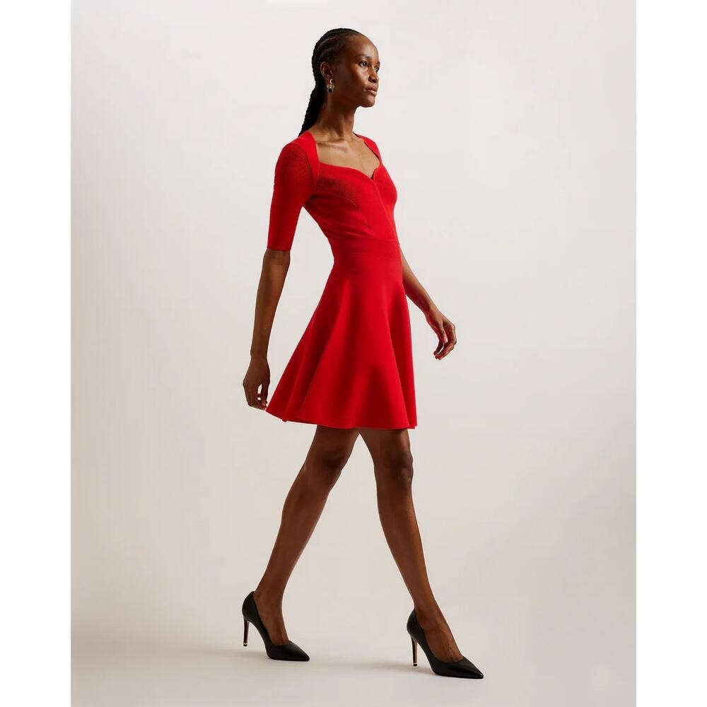 Ted Baker Red Knit Milly Dress, Sweetheart Neck, Skater, Holiday, Size Large